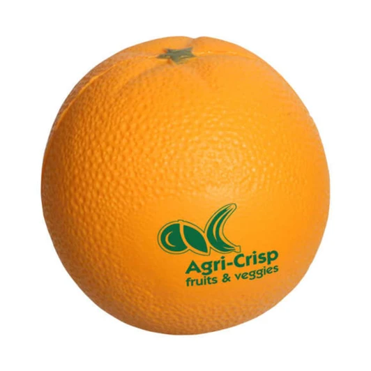 An orange-shaped stress reliever with a textured surface and a green logo on the side.