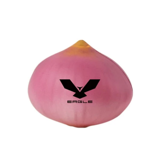 A pink onion-shaped stress reliever with a yellow tip. It features a black logo.