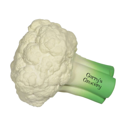 A cauliflower-shaped stress reliever in white and green, featuring a logo. Ideal for fun and games.