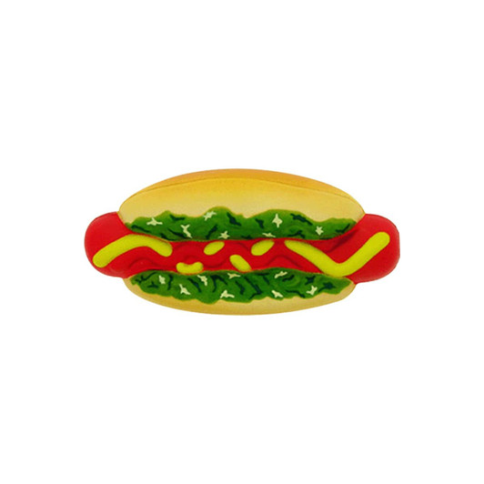 A hot dog-shaped stress reliever in yellow, red, and green, featuring details of lettuce and condiments.