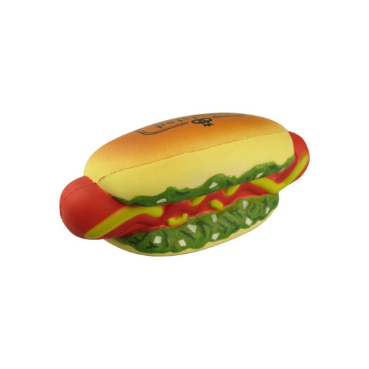 A hot dog-shaped stress reliever in yellow, red, and green colours, featuring a branding logo.