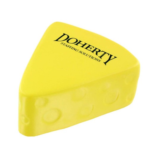 A yellow cheese-shaped stress reliever with a textured surface and a logo.