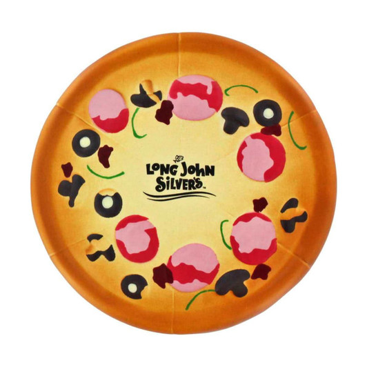 A round pizza-shaped stress reliever featuring toppings like pepperoni and olives, with yellow and red colours.