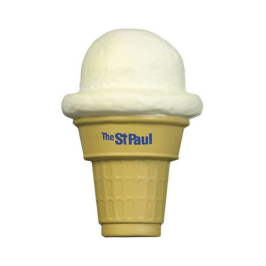 An ice cream-shaped stress reliever in white and yellow, featuring a logo on the cone.