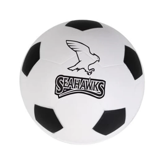 A white football-shaped stress reliever with black patches and a logo featuring an eagle.