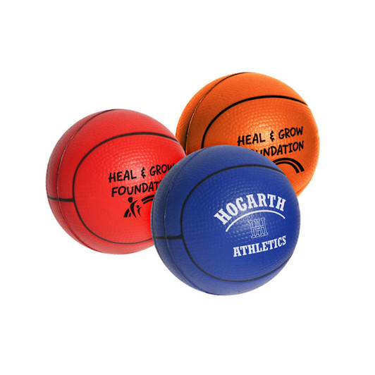 Three stress balls in basketball shape, coloured red, orange, and blue, featuring various logos.