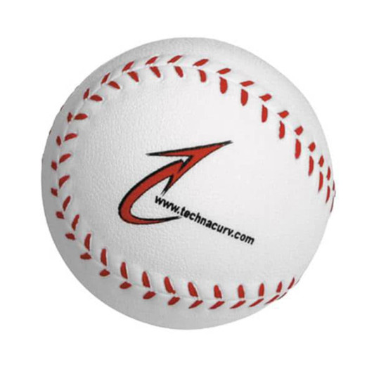 A white baseball-shaped stress reliever with red stitching and a logo on one side.