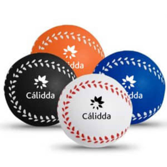 A set of four baseball-shaped stress relievers in black, orange, blue, and white, featuring a logo.