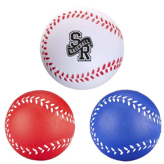 A set of three baseball-shaped stress relievers in red, blue, and white, featuring a logo on the white ball.