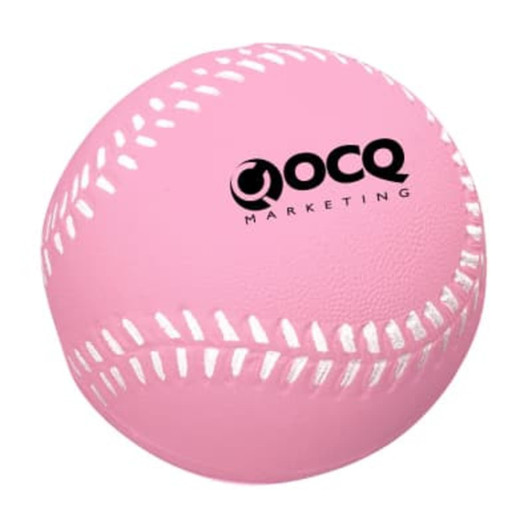 A pink baseball-shaped stress reliever with white stitching and a logo. Ideal for fun and stress relief.