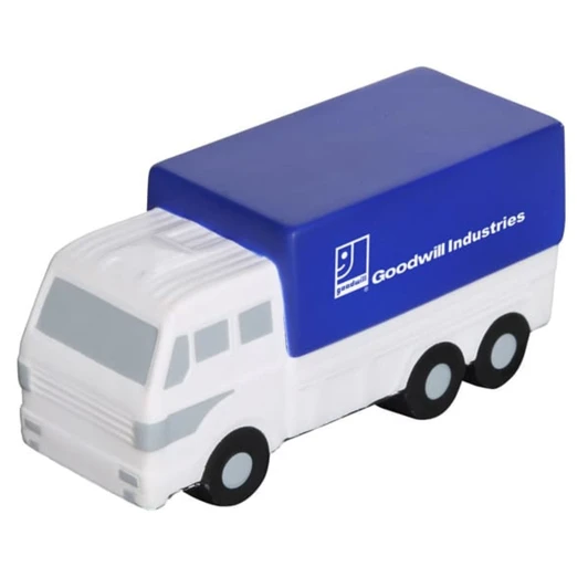 A white and blue van-shaped stress reliever with a logo on the side. Ideal for stress relief and fun.