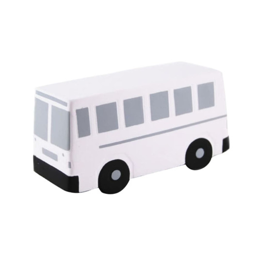 A white bus-shaped stress reliever with grey accents and black wheels, featuring a branding logo.