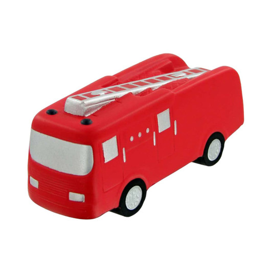 A red fire truck-shaped stress reliever with a silver ladder and wheels, featuring a simple design and branding.
