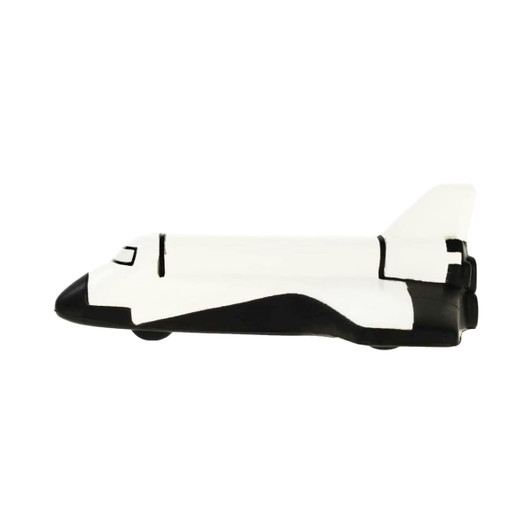 A shuttle-shaped stress reliever in white and black, designed for fun and relaxation. Features a logo.