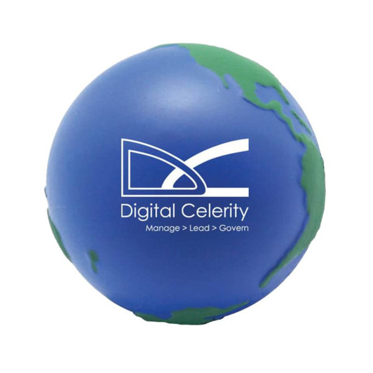 A blue and green Earth-shaped stress reliever with a logo on it, designed for stress relief and fun.