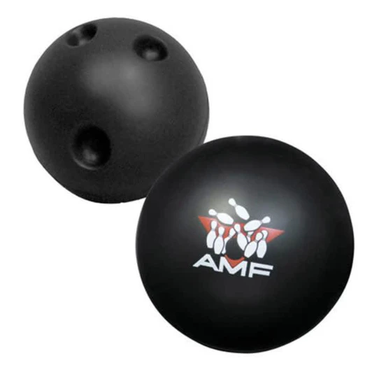 A black bowling ball-shaped stress reliever featuring a logo. Smooth surface with three finger holes.
