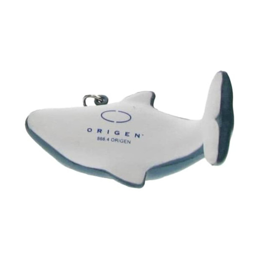A dolphin-shaped stress reliever in white and navy, featuring a logo on its side and a keyring attachment.