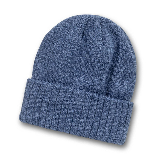 A blue beanie hat with a folded cuff, featuring a textured knit pattern and a branding logo.