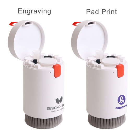 A cleaning kit featuring a white container with a lid, displaying an engraving option and a pad print section.