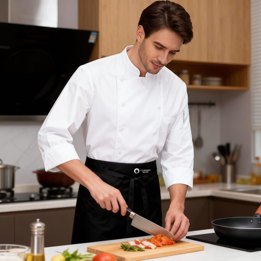 A man in a white chef's jacket wearing a black apron, chopping vegetables on a wooden board in a modern kitchen.