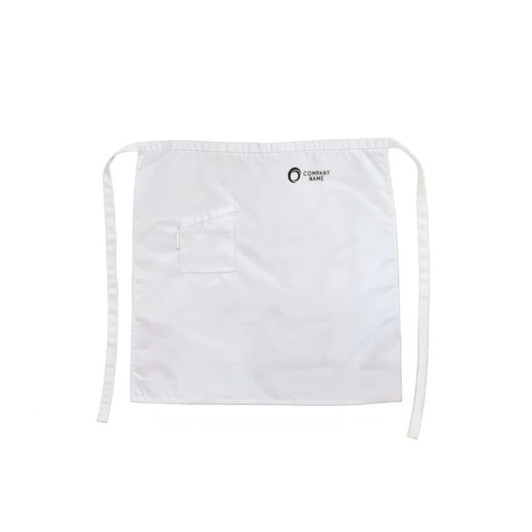 A white half apron made of 100% polyester with a pocket and a logo.