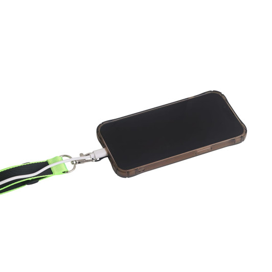 An adjustable woven phone lanyard with a vibrant green and black design, holding a sleek, black phone case.