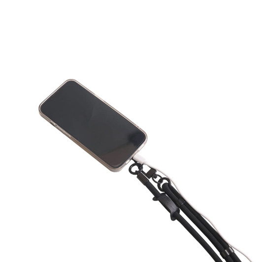 An adjustable black phone lanyard attached to a smartphone, featuring a secure fastening system.