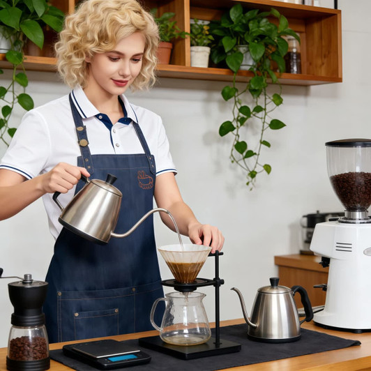 A woman in a navy poly-cotton denim full bib apron with neck strap brews coffee using a kettle and pour-over setup.