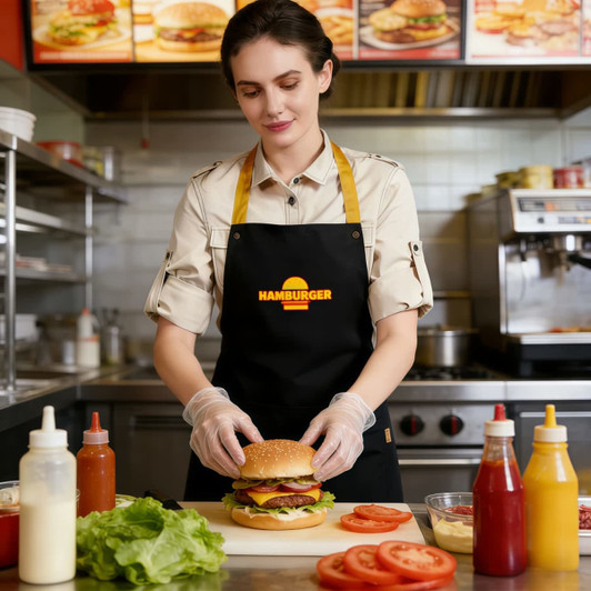 A full bib apron in black with a colour neck strap, worn by a person preparing a burger in a kitchen setting.