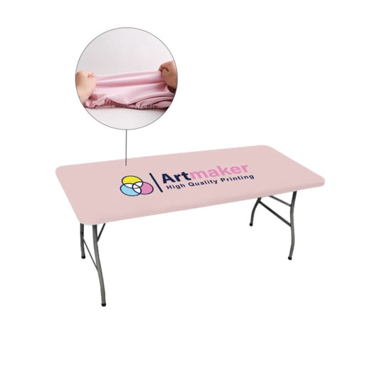 A pink rectangle table topper with a logo, draped over a folding table. The fabric appears stretchable.