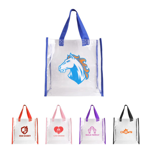A clear tote bag with blue handles and a logo. Four additional clear tote bags in various colours with different designs.