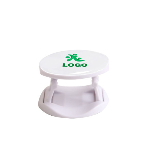 A round white phone holder with a logo, featuring a simplistic design and flexible stand for stability.