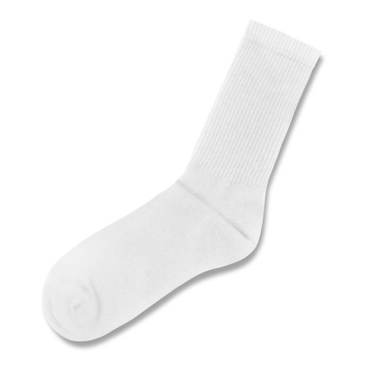 A pair of white crew socks with a ribbed pattern and a smooth finish, featuring a logo on one side.
