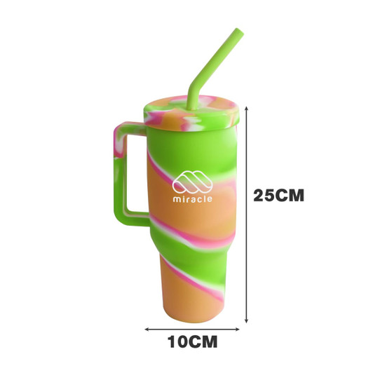 A drink bottle featuring a multicoloured swirl design in green, pink, and orange, with a handle and straw.
