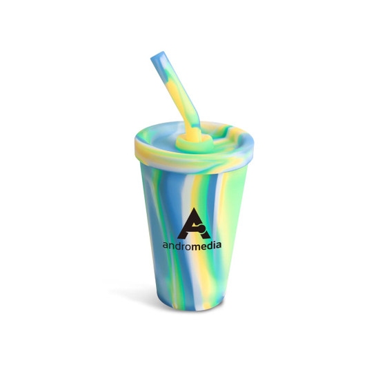 A drink bottle featuring a swirl of blue, yellow, and green silicone with a straw and a logo.