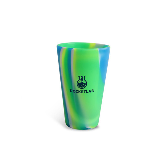A custom silicone cup in green and blue with a logo on its side.