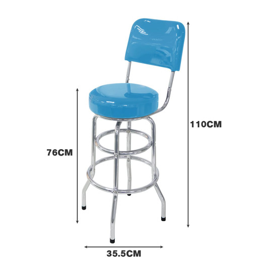 A blue bar stool with a backrest and chrome legs, featuring measurements of 76cm in height and 35.5cm diameter.