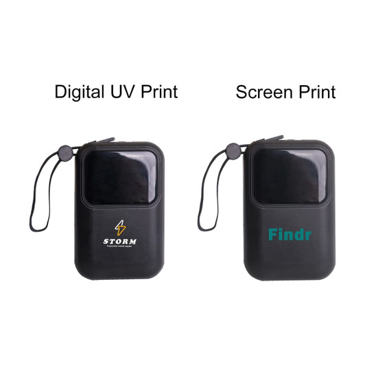 Two black portable power banks with different printing styles: one with digital UV print and the other with screen print.