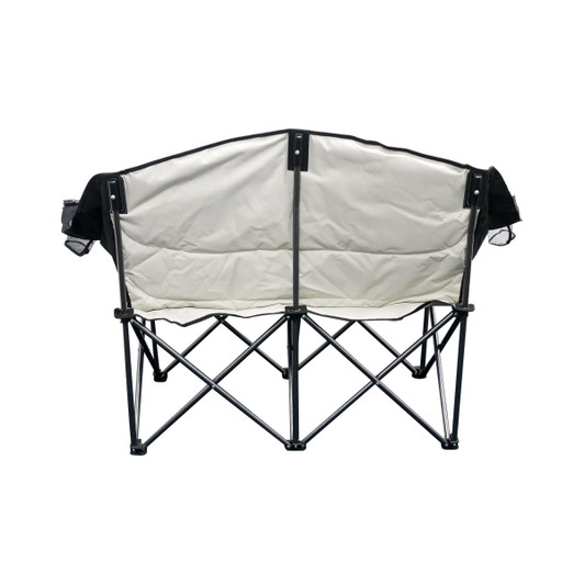 A foldable portable camping chair in black and cream, featuring a sturdy metal frame and backrest.
