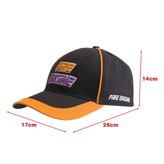 A black and orange cap with contrast trim and a logo on the front. Dimensions are indicated.