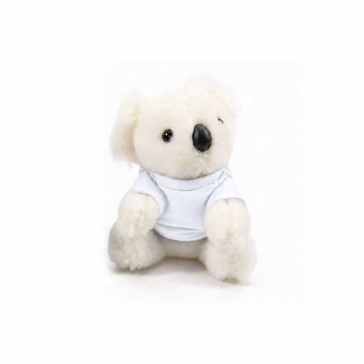 A cute white koala plush toy wearing a plain white shirt, sitting upright with a friendly expression.