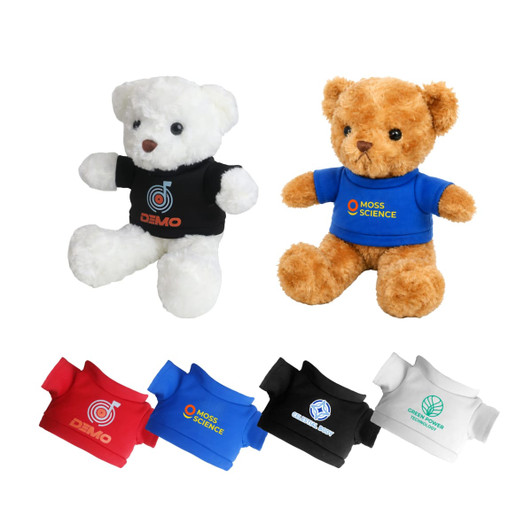 A white and a brown bear plush toy, both wearing colourful T-shirts, displayed alongside various shirt options.