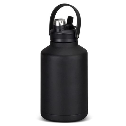 A drink bottle in matte black, featuring a handle and a screw-on lid, with a logo on the front.