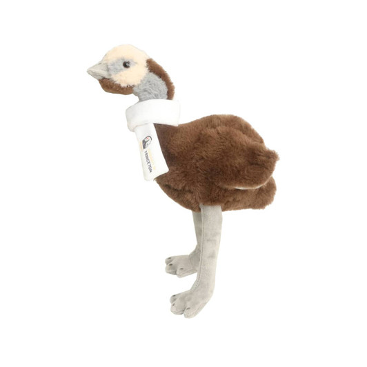 A brown and grey emu plush toy with a white scarf, featuring a logo on it.