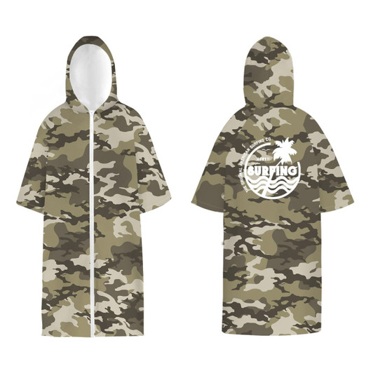 A camo-patterned hooded change towel in shades of green and brown, featuring a logo on the back.