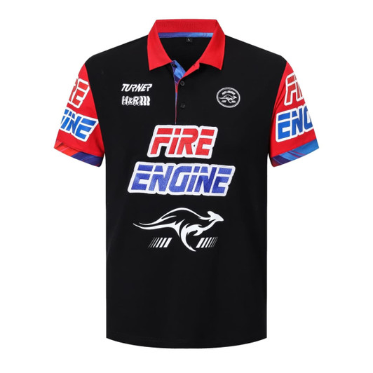 A black polo shirt with red and blue sleeves, featuring logos and graphics on the front.