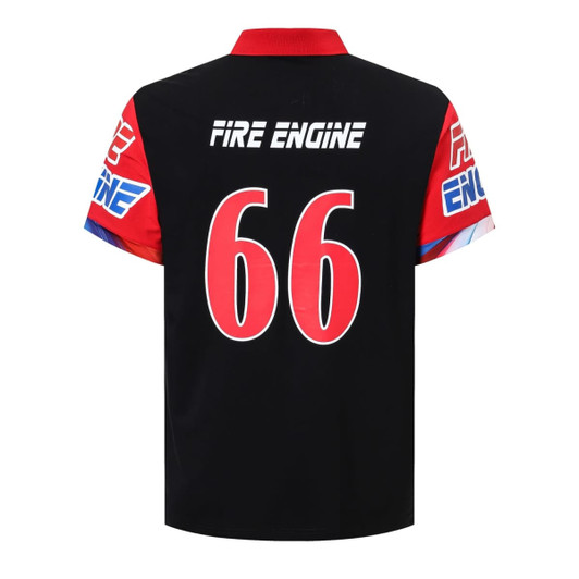 A black polo shirt with red short sleeves, featuring a logo and the number 66 on the back.
