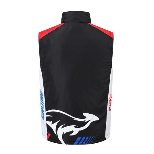 A highly customised black gilet with red, white, and blue accents and a logo on the back.