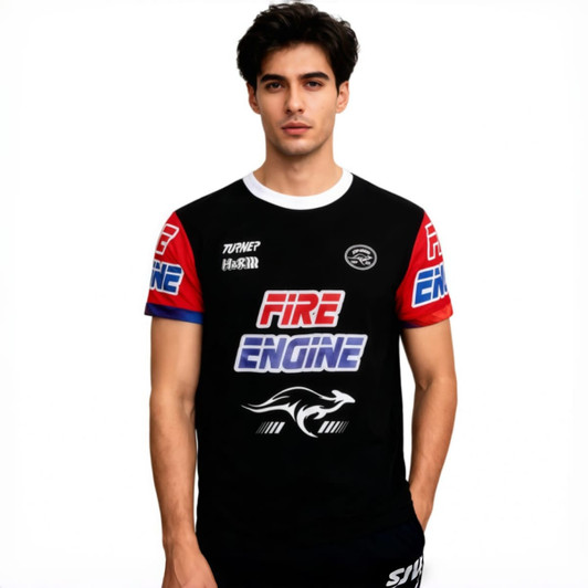 A black t-shirt with red and blue accents, featuring a logo and promotional text on the front and sleeves.