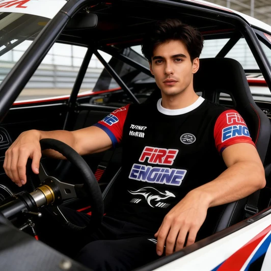 A highly customised black T-shirt with red and blue sleeves, featuring a logo on the front.